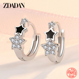 ZDADAN 925 Sterling Silver Black Stars Zircon Hoop Earring Women Charm Wedding Jewelry Party Gift