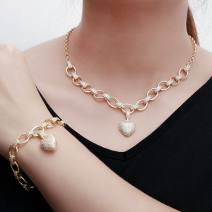 Cubic Zirconia Gold Color Dangle Love Heart Shape Charm Bracelet and Necklace Set for Women