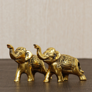 Set of 2 Golden Elephants Metal Animal Figurine Decorative Showpiece