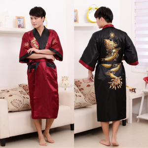 Hotel bathrobe Chinese Men Reversible Satin Robe Gown male Embroider Dragon Kimono Bathrobe Two-side dressing gown Sleepwear