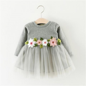 Long Sleeve Floral Waist Cute Little Lace Dress for Baby Girls