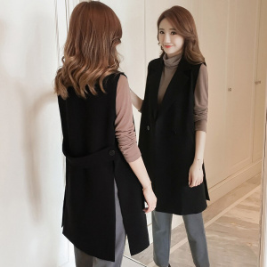 New Korean Fashion Split Long Women's Vest Spring Elegant Black Sleeveless Jacket Female Solid Cardigan Waistcoat Vests Colete