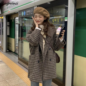 Women Wool Blends Plaid Winter Thick Cotton Vintage Harajuku Korean Style Trendy Womens Woolen Suit-coat Streetwear Lattice Chic