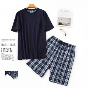 New O-Neck Cotton Mens Summer Woven Short Sleeve Shorts Pajamas Set Big Size Plaid Sleepwear Leisure Suits Nightwear Men Pijamas