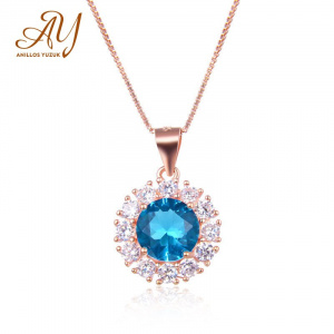 New 925 Sterling Silver Jewelry Created Round Blue Sapphire Necklace For Women Wedding Rose Gold Chain Brand Fine Jewelry