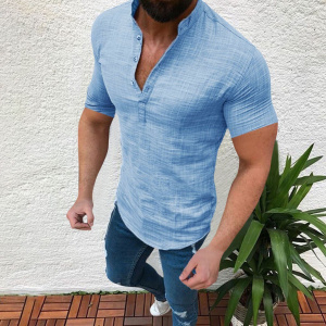 New Mens Casual Blouse Cotton Linen Shirt Loose Tops Short Sleeve Tee Shirt Spring Summer Henry Shirt Casual Slim Men Tops