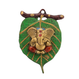 Lord Ganesha in Red Dhoti on Green Leaf Wall Hanging-GN