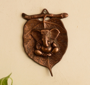 Lord Ganesha in Brown Dhoti on Brown Leaf Wall Hanging-BN