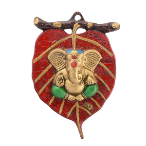 Lord Ganesha in Green Dhoti on Red Leaf Wall Hanging-RD