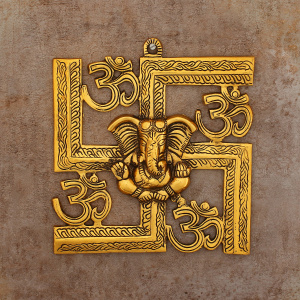Lord Ganesha on Om Swastik Metal Golden Wall Hanging-GOLD