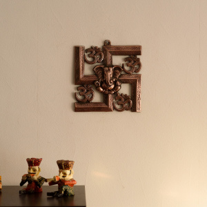 Lord Ganesha on Om Swastik Metal Brown Wall Hanging-BN