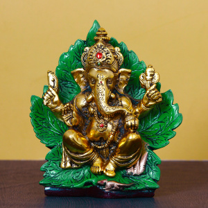 Golden Sitting Lord Ganesha on Green Throne Metal Decorative Showpiece