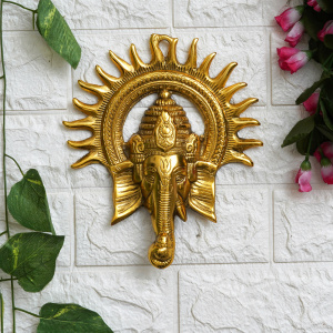 Golden Lord Ganesha with Sun Decorative Metal Wall Hanging-GLD