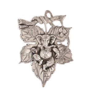 Silver Finish Lord Ganesha on Creative Leaf Handcrafted Metal Wall Hanging