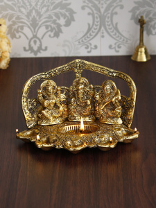 Laxmi Ganesha Saraswati with Diya for 6 Wicks Handcrafted Metal Decorative Showpiece