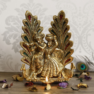 Golden Radha Krishna Idol Metal Decorative Showpiece with Diya