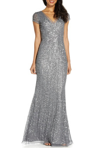 Adrianna Papell Sequin Beaded Short Sleeve V-Neck Mermaid Gown