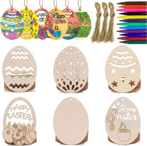 Anditoy 30 PCS Easter Wooden Hanging Ornaments Unfinished Wood Slices Eggs Easter Crafts for Kids DIY Easter Decorations Party Supplies Decor