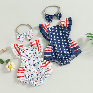 Baby Girl 4th of July Outfits, Ruffle Sleeve Backless Stars and Stripes Print Romper with Headband Set