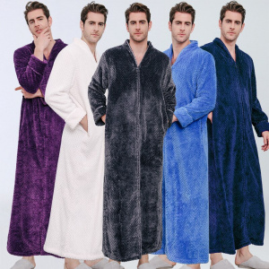 Men Sleepwear Winter Plus Size Long Warm Coral Fleece Bathrobe Hooded Flannel Zipper Bath Robe Night Dressing Gown Women Pijamas