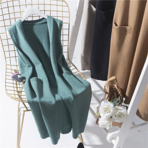 Solid Color Loose Long Coat Female Autumn Sleeveless Knitted Vest Women Korean Fashion V-neck Lady's Sweater Wool Cardigan