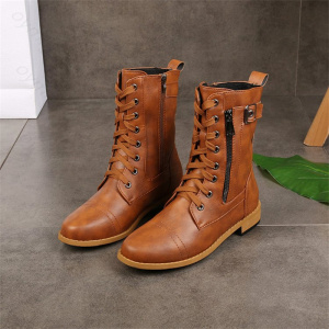 New Plus Size Retro Women Western Boots Punk Lace Up Buckle Motorcycle Boots Zipper Mid Calf Boots Ladies Short Botas