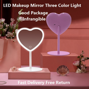 Desktop Led Heart Shape Vanity Mirror Adjustable Three-color Light Cosmetic Rechargeable Makeup Mirrors