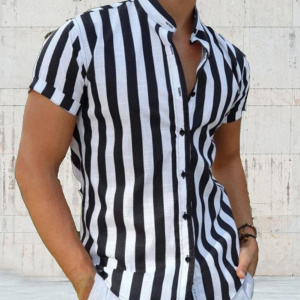 Men Shirt Short Sleeve Shirt Stripes Pattern All-match Stand Collar T Shirts for Men Sleeve Casual Shirt Blouse Top Shirt