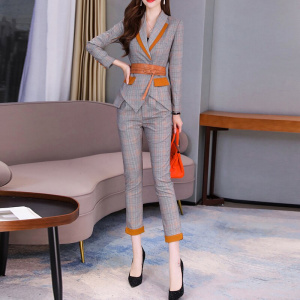 High Quality Casual Women's Suit Pants Two Piece Set 2021 New Spring Elegant Ladies Plaid Blazer Jacket Business Attire Belt