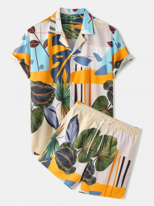Mens Hawaiian Shirts & Shorts Tropical Turtle Leaf Print Beach Short Sleeve Swim Vacation Outfits Sets Two Pieces Beachwear
