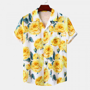 Yellow Rose Floral Printed Short Sleeve Hawaiian Summer Shirt Men