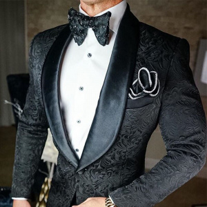 ANNIEBRITNEY Black 2 Piece Men Slim Fit Jacquard Suit Skinny High End Groom Wedding Tuxedo Prom Wedding Jacquard Men Suit Set