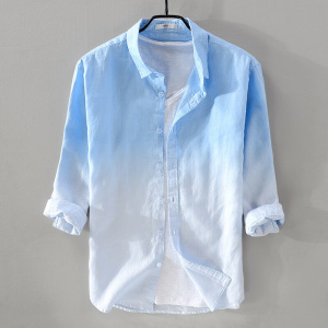 New men's linen shirt men brand three-quarter sleeve shirt mens gradient blue shirts male casual camisa dropshipping
