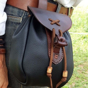 Leather Waist Bags with Drawstrings Vintage Leather Outdoor Waist Bag