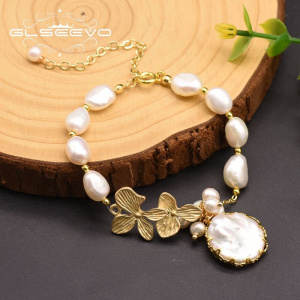 GLSEEVO 100% Natural Fresh Water White Pearl Bracelets For Women Girl Birthday Leaves Bracelet Jewelry Brazalete Mujer GB0184