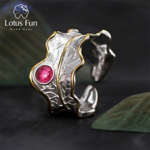 Lotus Fun Real 925 Sterling Silver Ring Natural Tourmaline Gemstones Fine Jewelry Adjustable Peony Leaf Rings for Women Bijoux