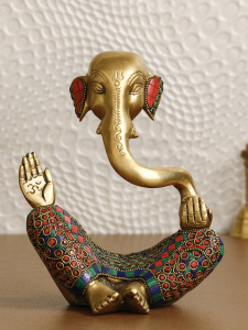 Meditating Lord Ganesha Handcrafted Brass Idol with Colorful Stone Work