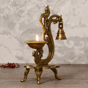 Parrot Diya with Bells and Stand With Antique Finish Decorative