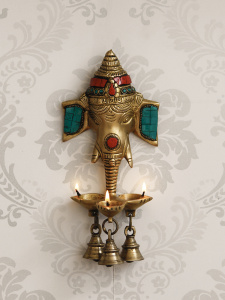 3 Wicks Brass Ganesha Wall Hanging Deepak With Bells