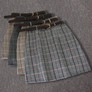 Winter Plaid A-Line Sashes Women Skirt High Waist Above Knee Casual Vintage Office Work Ladies Korean Empire Mini Skirts Belt