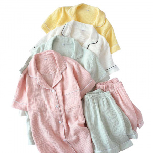 2022 Summer New Ladeis Sweet Candy Color Gauze Cotton Solid Color Pajamas Set Short Sleeve+Pants Women Cute Homewear Casual Wear