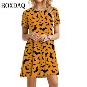 Halloween Woman Party Dresses Summer 3D Printed Bat Dress Fashion Short Sleeve Loose Oversized Clothing Casual Streetwear
