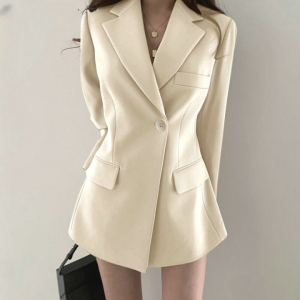 Women Long Blazer Cool Work Jacket Casual Slim Fit Office Ladies Tunic Outwear with Pockets