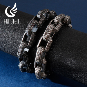 Fongten Vintage Square Bead Bracelet Men Black Stainless Steel Viking Punk Charms Heavy Bracelets Fashion Jewelry