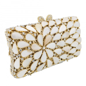 Boutique De FGG Elegant Natural White Shell Women Crystal Evening Bags and Clutches Wedding Party Cocktail Handbag and Purse