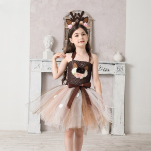 Deer Costume Girls Christmas Fancy Dress Flower Reindeer Bambi Kids Tutu Dress with Headband Children New Year Clothes