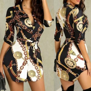 Printed Stand Collar Long Shirt Casual Dress for Women