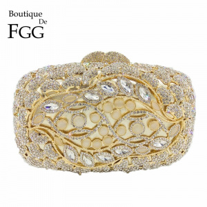 Boutique De FGG Bling Shiny Crystal Evening Clutch Bag Women Metal Minaudiere Clutches Gold Opal Stones Wedding Purse Bridal Bag