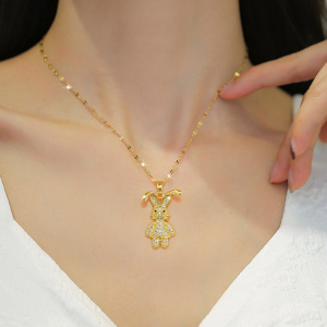 Stainless Steel Link Chain Necklace with Crystal Easter Bunny Pendant for Women