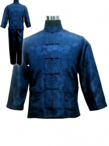 Vintage Navy Blue Chinese Men Satin Pajama Set Pyjamas Suit Long Sleeve Shirt &Pants Trousers Sleepwear Nightwear Plus Size XXXL